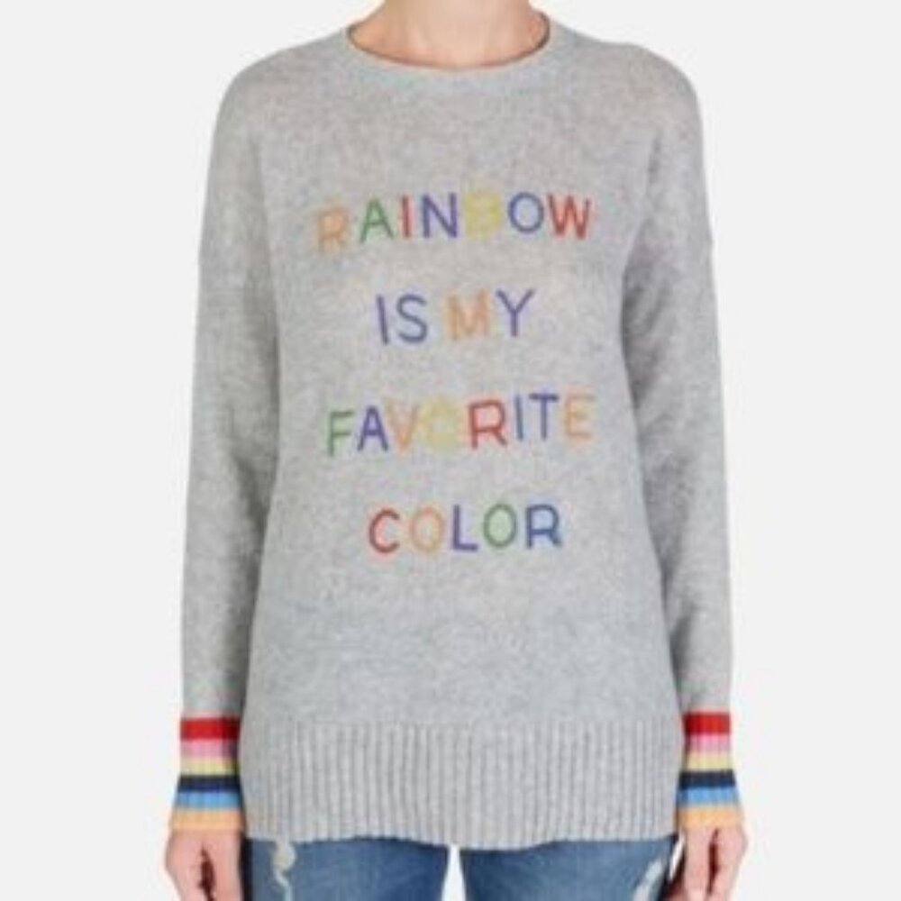 Lauren Moshi Gray Crewneck Sweater with Rainbow Lettering and Striped Cuffs